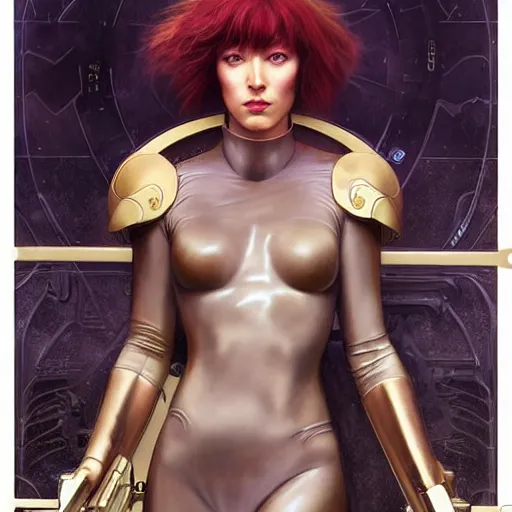 Image similar to Major Kusanagi from Ghost in the Shell drawn by Donato Giancola and Tom Bagshaw, face by Artgerm and Edmund Leighton, Alphonse Mucha, background by James Jean and Gustav Klimt, 4k, porcelain skin, komorebi, french nouveau, trending on artstation, octane render, hyperrealistic