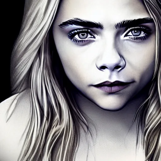 Image similar to a graphite sketch of Chloë Grace Moretz with Cara Delevingne's eyebrows