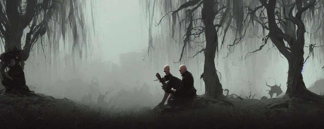 Image similar to duotone noir illustration close up of bald merchant demon sitting below willow tree in medieval brown tunic. foggy evening. dark dream atmosphere with volumetric hellish lighting, by sachin teng and sergey kolesov and ruan jia and heng z. graffiti art, scifi, fantasy, hyper detailed. octane render. concept art. trending on artstation