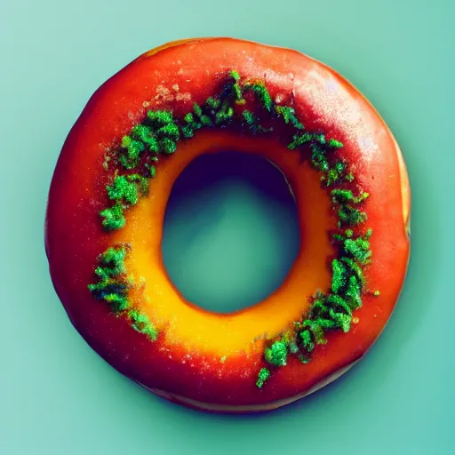 Image similar to Perfectly circular donut!!!!! in the style and shape of a mango!!!!!!, blended colors!!!!!, trending on artstation, 4k, 8k, professional photography, overhead shot, 35mm lens