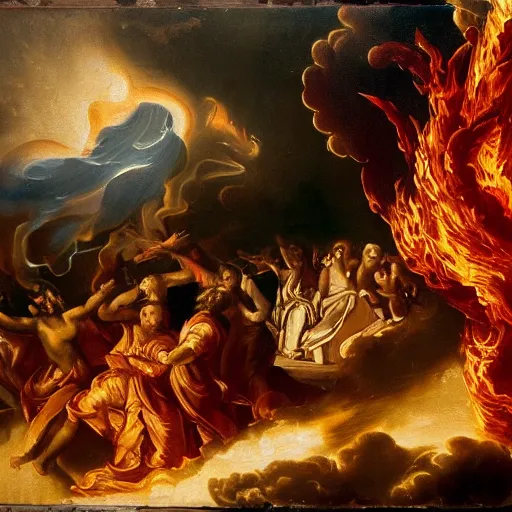 Prompt: baroque painting of burning athens with fire tornadoes