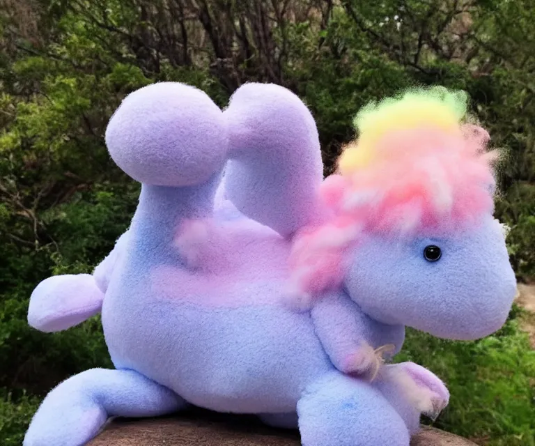 Image similar to a cute little dinosaur, cotton candy, fluffy clouds