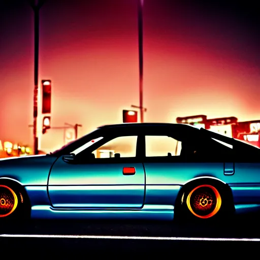 Image similar to a car Nissan Silvia at illegal car meet, Shibuya prefecture, city sunset, cinematic color, photorealistic, highly detailed