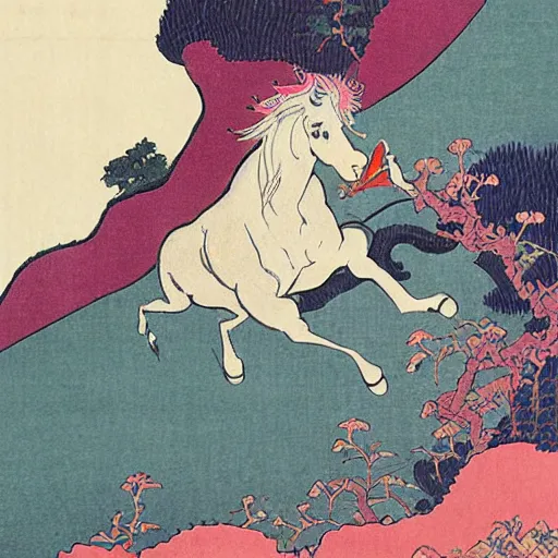 Image similar to A unicorn with rainbow color by Katsushika Hokusai