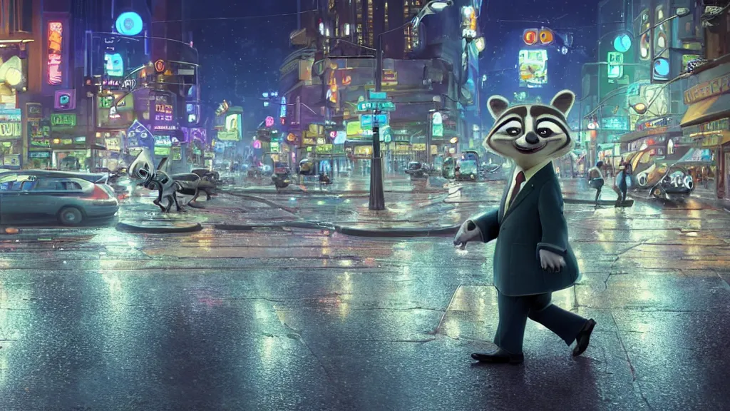 Prompt: A cute anthropomorphic raccoon businessman is walking down a busy crosswalk at in the rain at night, cold lighting with an blue glow coating the cityscape from the city lights, zootopia, other anthropomorphic characters are walking by him, extremely detailed, HDR, sideview, solemn and moody, many cars and animal people in the background, detailed face and eyes, large eyes with visible pupils, the road is wet with many rain puddles, reflections from the water on the ground, he is carrying a black briefcase, depressing feelings, sadness