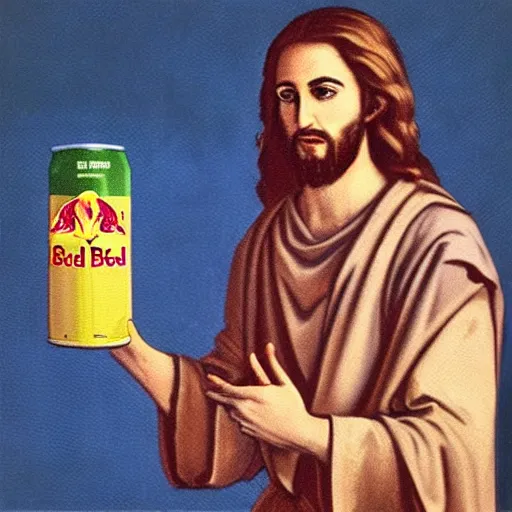 Image similar to jesus holding a can of Redbull