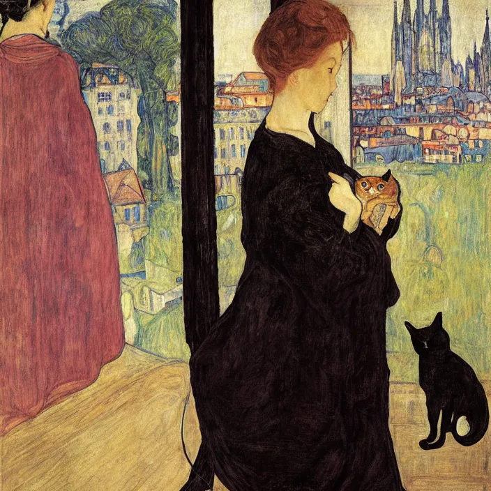 Image similar to close portrait of woman in night gown with cat, with city with gothic cathedral seen from a window frame with curtains. thunderstorm. caravaggio, egon schiele, bonnard, henri de toulouse - lautrec, utamaro, monet