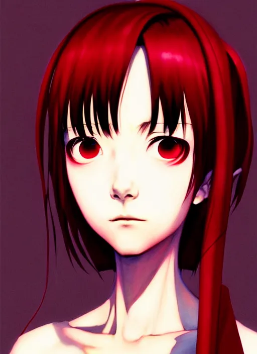 Image similar to a beautiful portrait painting with a dark red background of lain from serial experiments : lain. character design by shinji aramaki, charlie bowater, ross tran, artgerm, and makoto shinkai