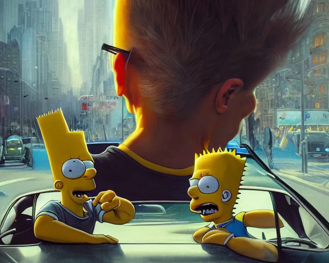 Image similar to realistic photography of bart simpson involved in a car crush, deep focus, intricate, elegant, highly detailed, digital painting, artstation, concept art, matte, sharp focus, illustration, art by artgerm and greg rutkowski and alphonse mucha