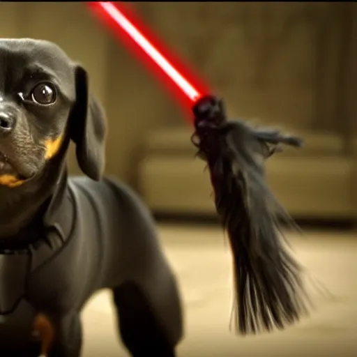 Image similar to a movie capture of a darth vader chiweenie, cinematic