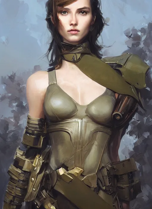 Image similar to a professional painting of a beautiful young female, clothed in military armor, olive skin, long dark hair, beautiful bone structure, symmetrical facial features, intricate, elegant, digital painting, concept art, smooth, sharp focus, illustration, from Metal Gear, by Ruan Jia and Mandy Jurgens and Artgerm and William-Adolphe Bouguerea