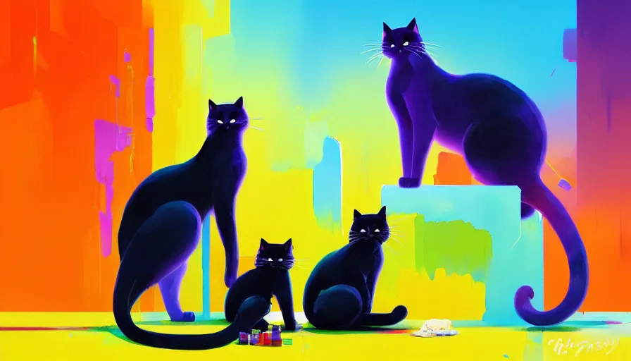 Prompt: contemporary semi abstract acrylic painting of really tall sitting cats by makoto shinkai, by greg rutkowski, by lisa frank, thick brush strokes and visible paint layers, multicolor color scheme