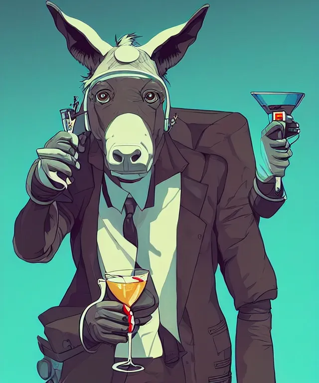 Image similar to a portrait of an anthropomorphic donkey holding a martini, cyberpunk!, fantasy, elegant, digital painting, artstation, concept art, matte, sharp focus, illustration, art by josan gonzalez