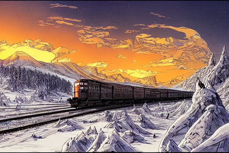 Image similar to trans - siberian express train ultrafine drawing by joe fenton and syd mead and p. craig russell and barry windsor - smith, artstation, 4 k, graphic novel, concept art, matte painting, beautiful russian winter landscape sunset background, golden hour, art nouveau, sharp