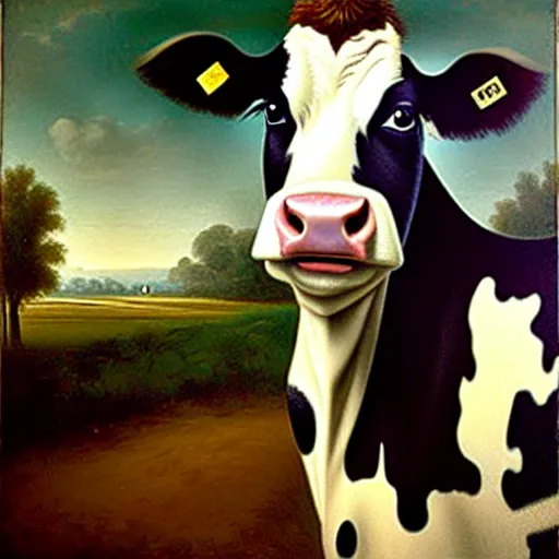 Prompt: a head - and - shoulders portrait of a cow wearing a police uniform looking off camera, an american romanticism painting, a portrait painting, cgsociety, soft focus, oil on canvas