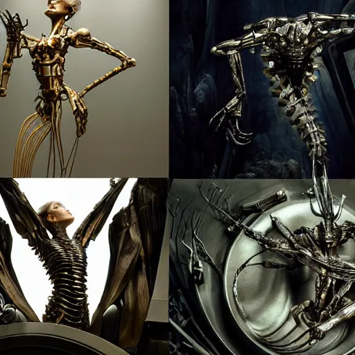 Image similar to still frame from Prometheus movie by Makoto Aida, biomechanical orchids mantis angel gynoid by giger, metal couture by neri oxmn and Guo pei, editorial by Malczewski and by Caravaggio