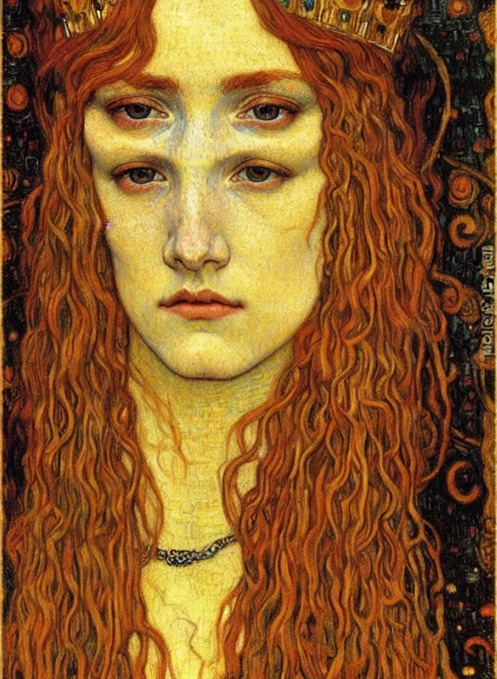 Image similar to detailed realistic beautiful young medieval queen face portrait by jean delville, gustav klimt and vincent van gogh, art nouveau, symbolist, visionary, gothic, pre - raphaelite, muted earthy colors, desaturated