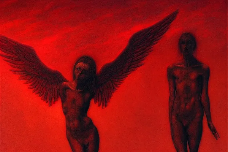 Image similar to only with red, a red angel announce the win, at the gates of a rich renaissance city, pathos, in the style of beksinski, part by hopper, part by rodcenko, part by hofbauer, intricate composition, red by caravaggio, insanely quality, highly detailed, masterpiece, red light, artstation