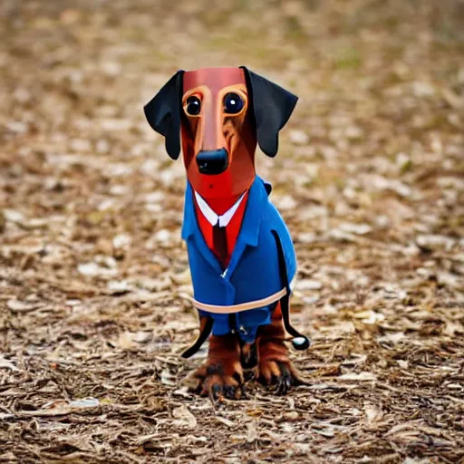 Prompt: Dachshund on stilts wearing a greyhound mask