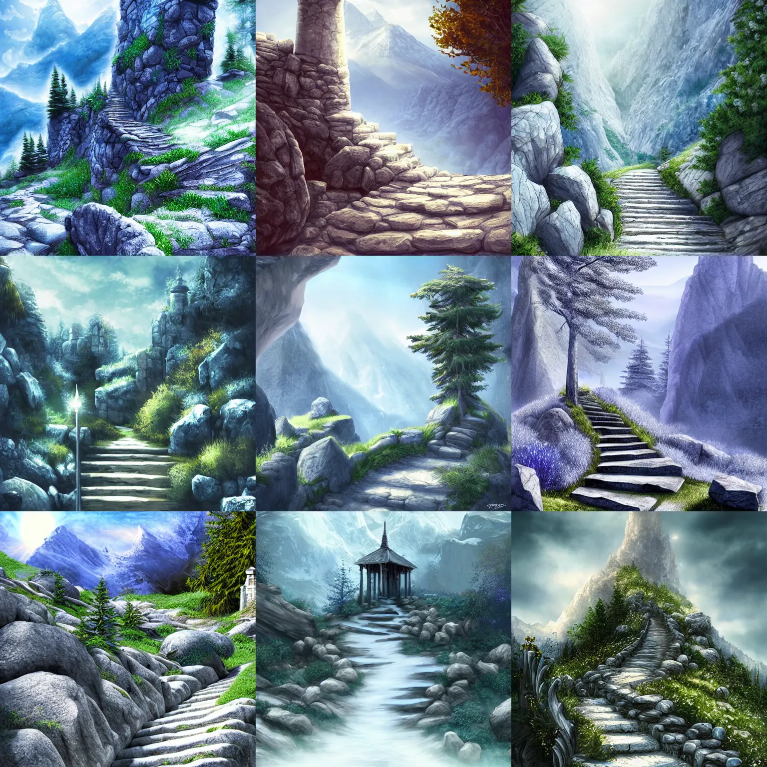 Prompt: Pillar, mountain, path, stairs, trees, rocks. White and blue. Fantasy, digital art, HD, detailed.