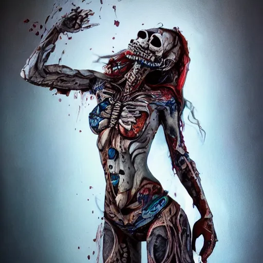 Image similar to full body pose, hyperrealistic mixed media painting of beautiful skull woman, dim volumetric lighting, 8 k, octane beautifully detailed render, extremely hyper detailed, intricate, epic composition, cinematic lighting, masterpiece, trending on artstation, very very detailed, masterpiece, stunning, hdr, smooth, sharp focus, high resolution, award, winning photo, dslr, 5 0 mm