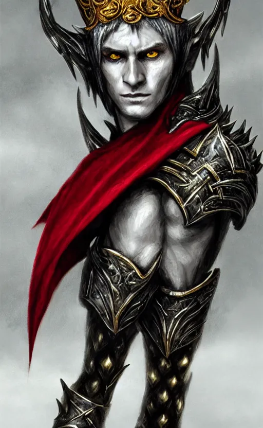 Image similar to A portrait of a male elf, 20 years old, short silver hair, red eyes, wearing a spiked black metal crown, black heavy armor with gold trim, and a red cape, lean but muscular, attractive, command presence, royalty, weathered face, smooth, sharp focus, illustration, concept art, highly detailed portrait muscle definition, fantasy painting, ArtStation, ArtStation HQ