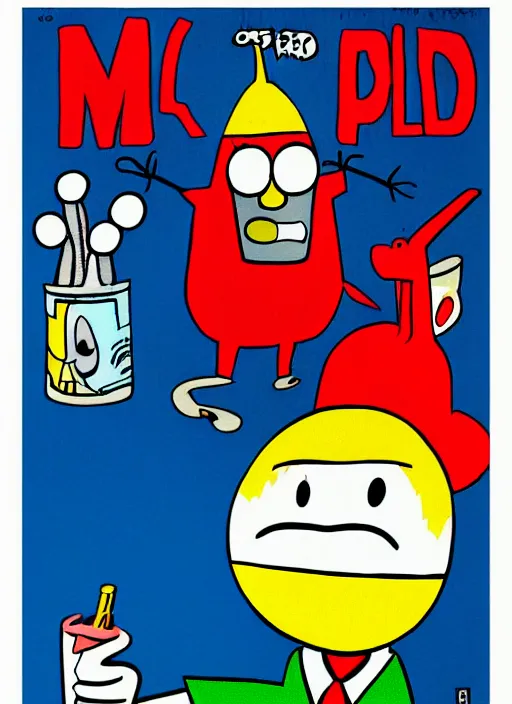 Prompt: little mr pill head, poster art by bob larkin and roger hargreaves