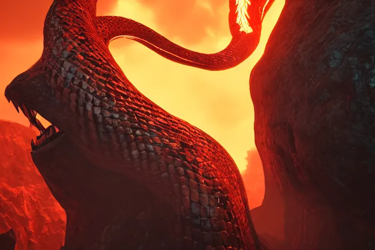 Prompt: closeup portrait of a colossal serpent, volcanic, dramatic lighting, unreal engine, cgsociety, artstation, 4k
