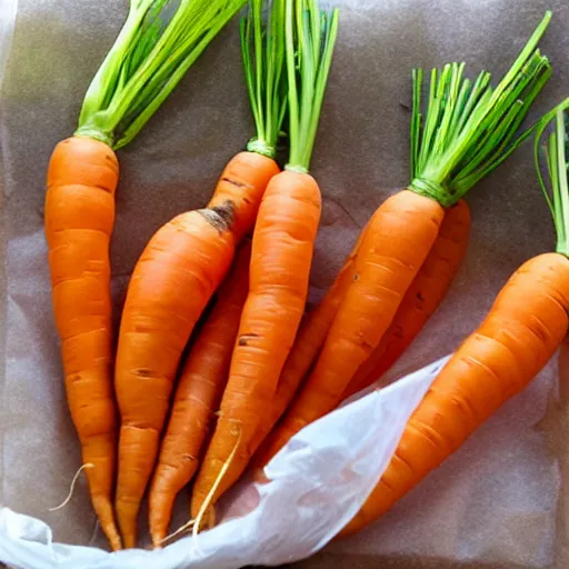 Prompt: photo carrots in a plastic bag with a paper towel inside,