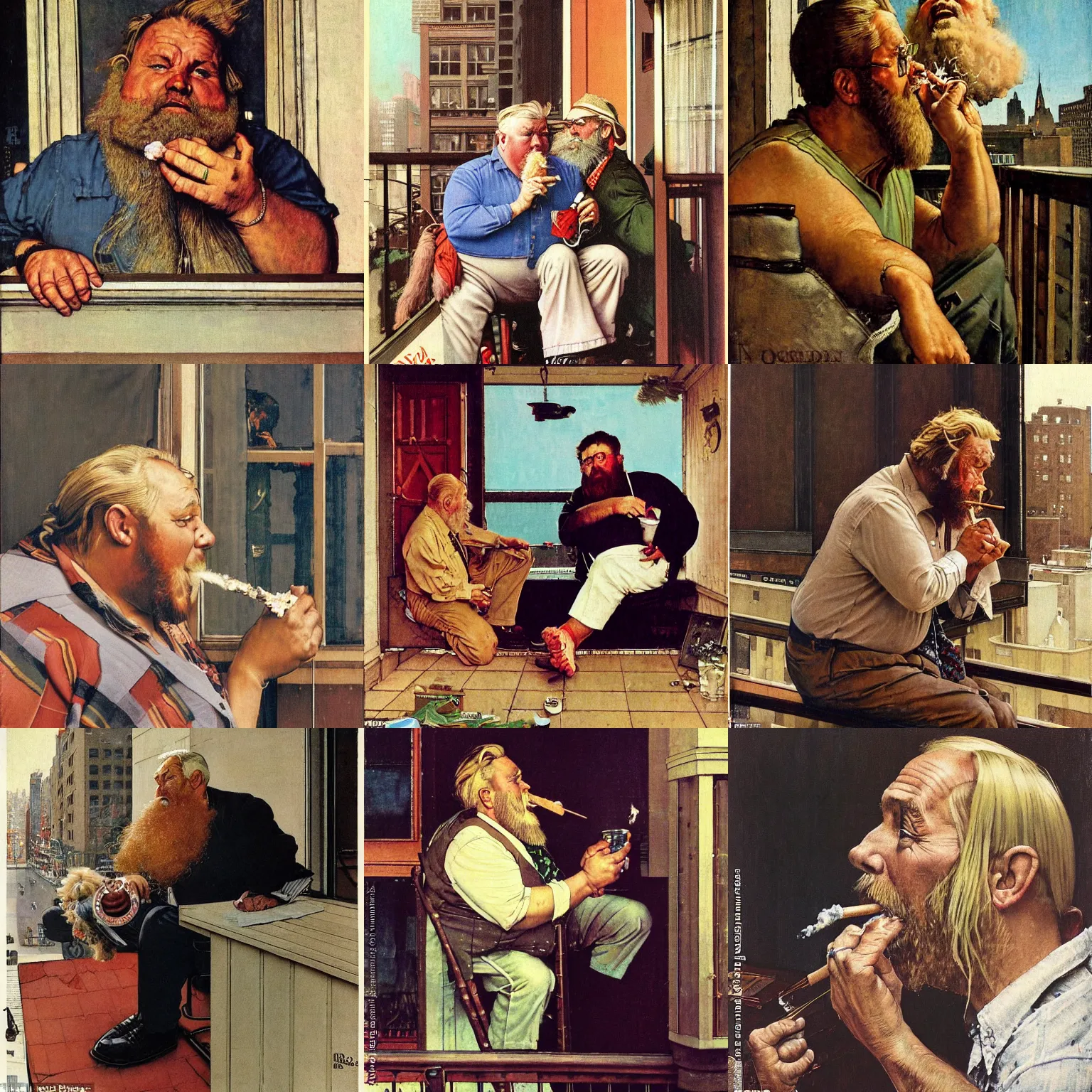 Prompt: norman rockwell portrait of an (((((overweight))))) man with long blonde hair and a (shaggy) beard smoking a joint on a balcony in New York City, Norwegian Man