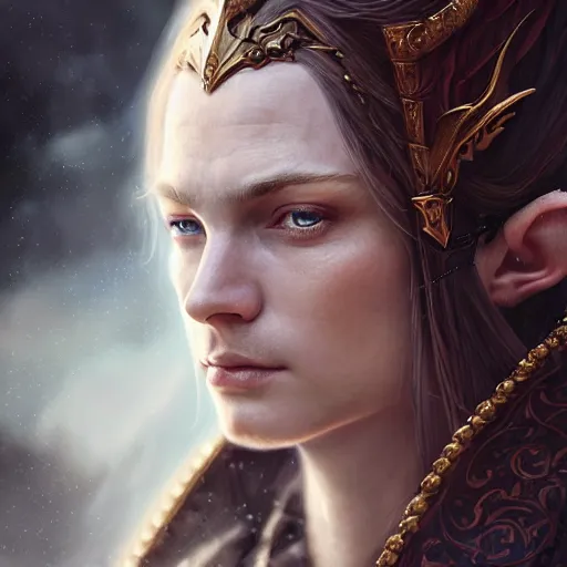 Image similar to Majestic and regal portrait of a riveting High Elf nobility, intricate, epic, elegant, menacing, fantasy, photo realistic, digital painting, hard focus, beautiful volumetric lighting, epic light, ultra detailed, by Leesha Hannigan, Ross Tran, Thierry Doizon, Kai Carpenter, Ignacio Fernández Ríos