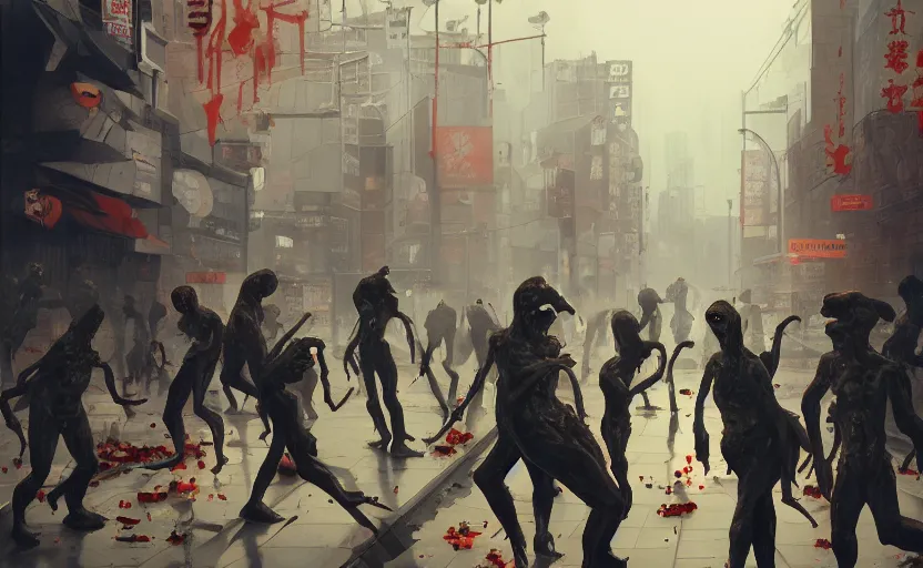 Prompt: zombie human frogs riots in the streets of tokyo, digital painting, masterpiece, by ilya kuvshinov, by frank frazetta, by mbius, by reiq, by hayao miyazaki