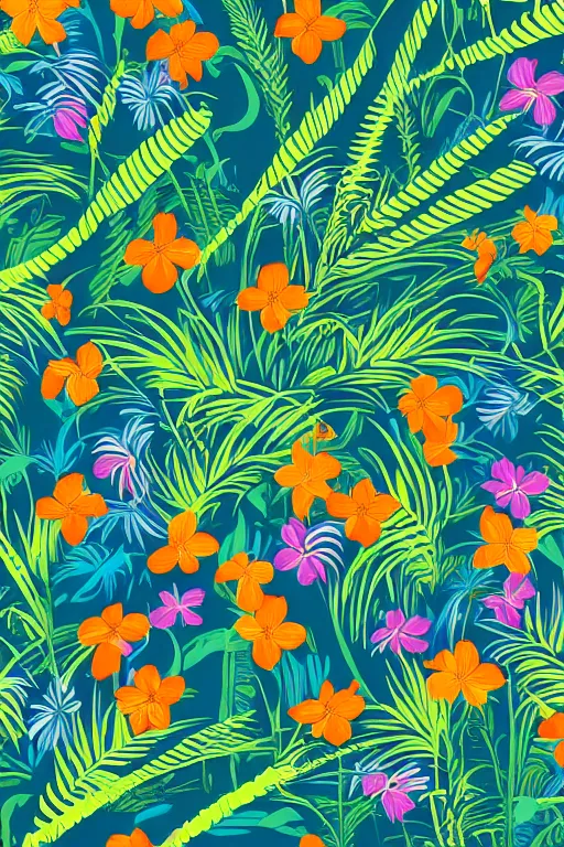 Image similar to Intricate detailed vector illustration of tropical flowers and green reeds, multiple cohesive colors ranging from warm blue to oranges on a ((very dark background)), 4K resolution