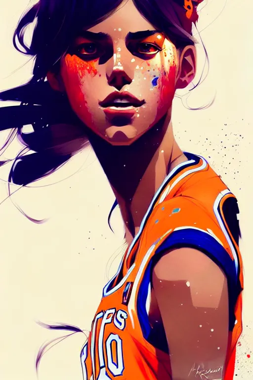 Image similar to a ultradetailed beautiful panting of a stylish girl in a knicks jersey, by conrad roset, greg rutkowski and makoto shinkai, trending on artstation