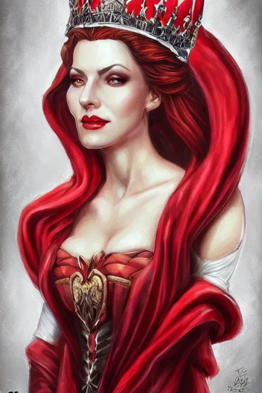 Image similar to beautiful evil queen, blonde, red gown, throne, wearing crown, highly detailed, d & d, fantasy, portrait, highly detailed, headshot, digital painting, trending on artstation, concept art, sharp focus, illustration, art by artgerm and greg rutkowski and magali villeneuve