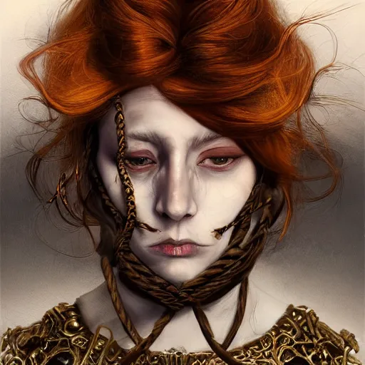 Image similar to portrait of a Shibari rope wrapped face and neck, headshot, insanely nice professional hair style, dramatic hair color, digital painting, of a old 15th century, old cyborg merchant, amber jewels, baroque, ornate clothing, scifi, realistic, hyperdetailed, chiaroscuro, concept art, art by Franz Hals and Jon Foster and Ayami Kojima and Amano and Karol Bak,