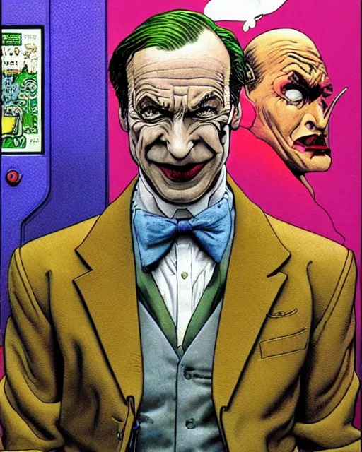 Image similar to portrait of saul goodman as the joker, illustration, art by jean giraud and peter elson