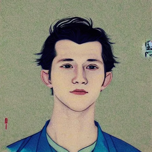 Image similar to “ tom holland portrait by ikenaga yasunari and ayana otake and ko rakusui, 6 0 s poster, drawing, realistic, sharp focus, japanese, dreamy, nostalgia, faded, golden hues, floral clothes ”