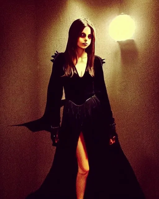 Prompt: style of john howe : : gorgeous willa holland : : evil witch, swirling black magic, black dress : : symmetrical face, symmetrical eyes : : full body pose : : gorgeous black hair : : magic lighting, low spacial lighting : :