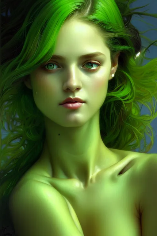 Image similar to beautiful nymph goddess sideways full body portrait, bright green eyes, by terry o'neill intricate, elegant, highly detailed, digital painting, glistening skin, artstation, concept art, smooth, sharp focus, volumetric lighting, sensual, natural, illustration, art by artgerm and greg rutkowski and alphonse mucha, 8 k