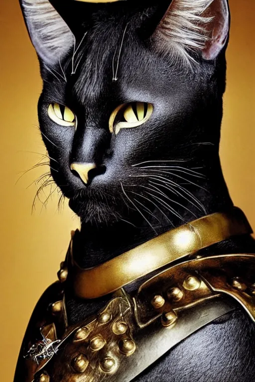 Image similar to head and shoulders portrait of a warrior, tabaxi, black cat, male, breastplate, magical, high fantasy, d & d, by annie liebovitz, face details, extremely detailed, vogue fashion photo