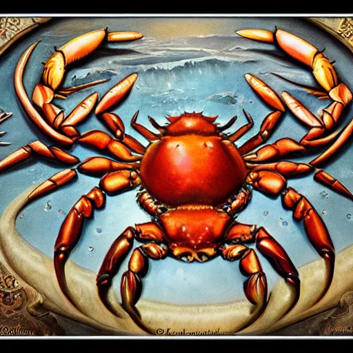 Image similar to detailed and sharp crab zodiac artwork, mystic style, detailed, 8 k, detailed, symmetrical, by brian froud