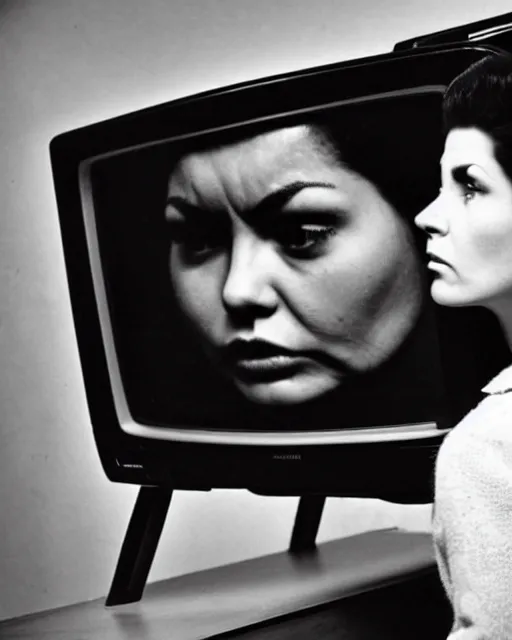 Image similar to a woman staring angrily into old TV, black-and-white photo, 1960s, hyperrealistic, old photo