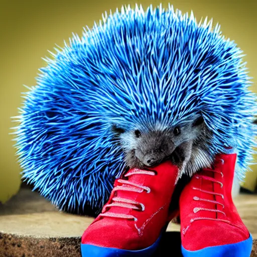 Image similar to photo of a realistic blue hedgehog wearing red shoes