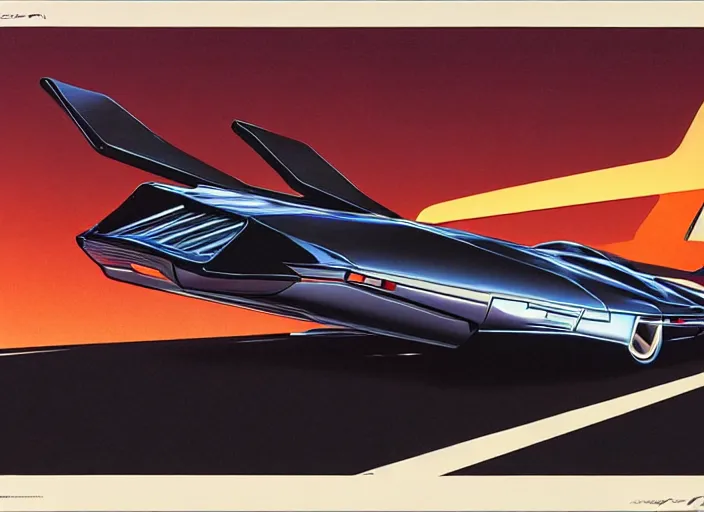 Prompt: syd mead concept art, raplh mcquarrie. kitt 1 9 8 2 pontiac trans am, mach 5 speed racer. style blade runner 2 0 4 9, retro, retro futurist. concept art by syd mead and star wars