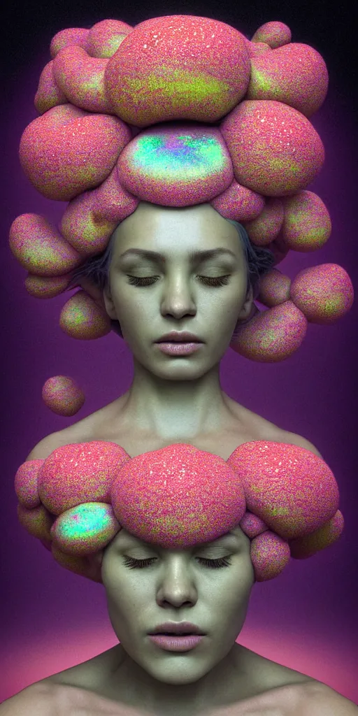 Image similar to hyper detailed 3d render like a Oil painting - portrait sculpt of Aurora (Singer) seen in mascara Lips on the Strangling network of yellowcake aerochrome and milky Fruit that covers her body and Her delicate Hands hold of gossamer polyp blossoms bring iridescent fungal flowers whose spores black the foolish stars by Jacek Yerka, Mariusz Lewandowski, Houdini algorithmic generative render, Abstract brush strokes, Masterpiece, Edward Hopper and James Gilleard, Zdzislaw Beksinski, Mark Ryden, Wolfgang Lettl, hints of Yayoi Kasuma, octane render, 8k