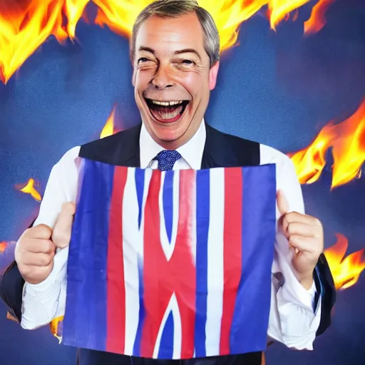 Image similar to nigel farage laughing holding burning eu flag, studio photograph, hd, studio