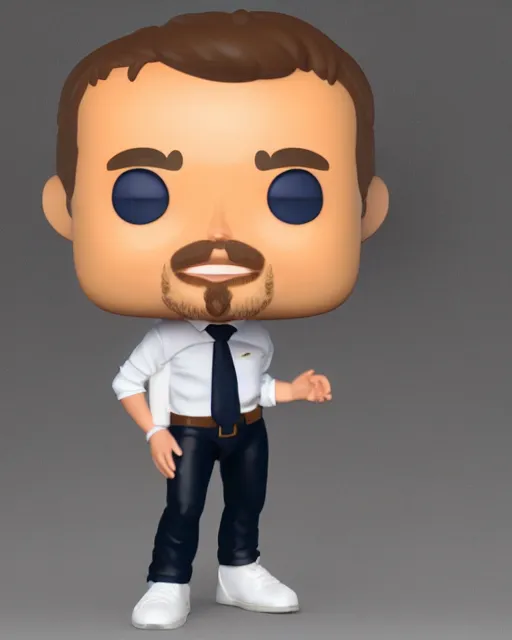 Image similar to full body 3d render of emmanuel macron as a funko pop, studio lighting, white background, blender, trending on artstation, 8k, highly detailed