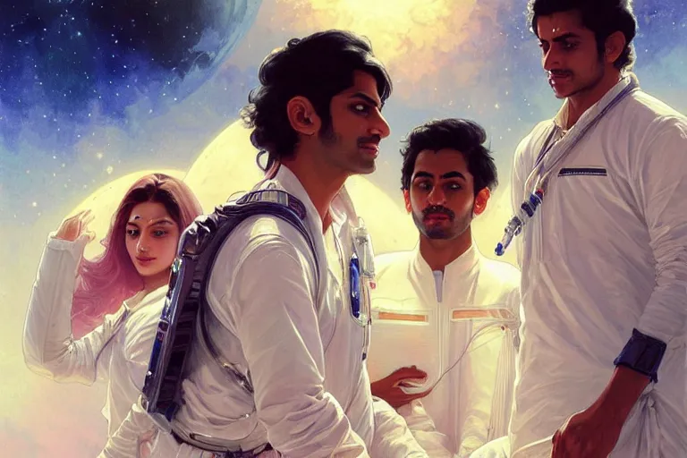 Image similar to Sensual good looking pale young Indian doctors wearing jeans in a space station above Earth, portrait, elegant, intricate, digital painting, artstation, concept art, smooth, sharp focus, illustration, art by artgerm and greg rutkowski and alphonse mucha