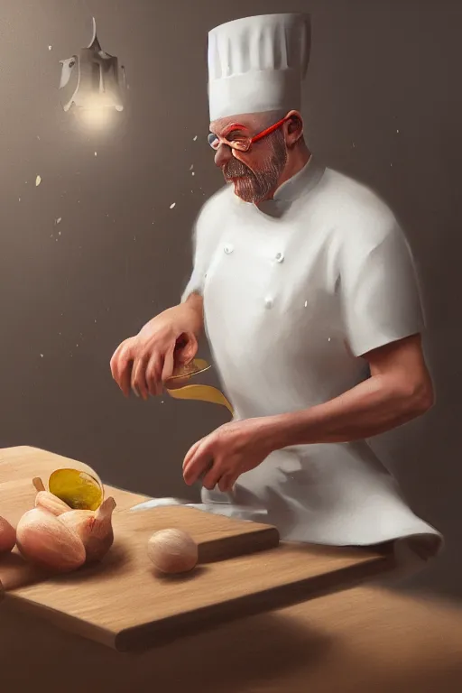 Prompt: a dynamic digital painting and illustration of a man cutting onions in the kitchen while crying, rendered in octane, cgsociety, artstation, cinematic lighting, 4K, very intricate, HDR